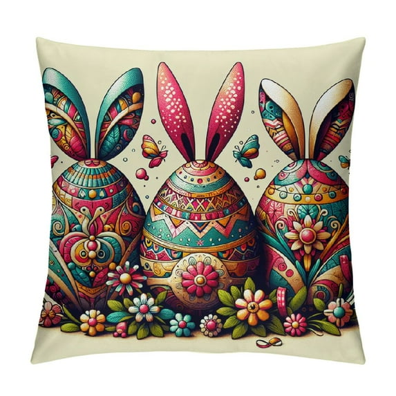 YANMS Happy Easter Peeps Decorative Throw Pillow Covers, Bunnies Eggs Chicks Blue Truck Stripes Cushion Case Decor, Flowers Butterfly Home Decoration for Sofa Couch