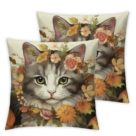COMIO  Happy Fall Hello Pumpkin Cat Decorative Throw Pillow Cover Set of 2, Autumn Sunflower Flower Kitty Orange Porch Outdoor Home Decor, Kitten Maple Leaves Farmhouse Couch Cushion Case