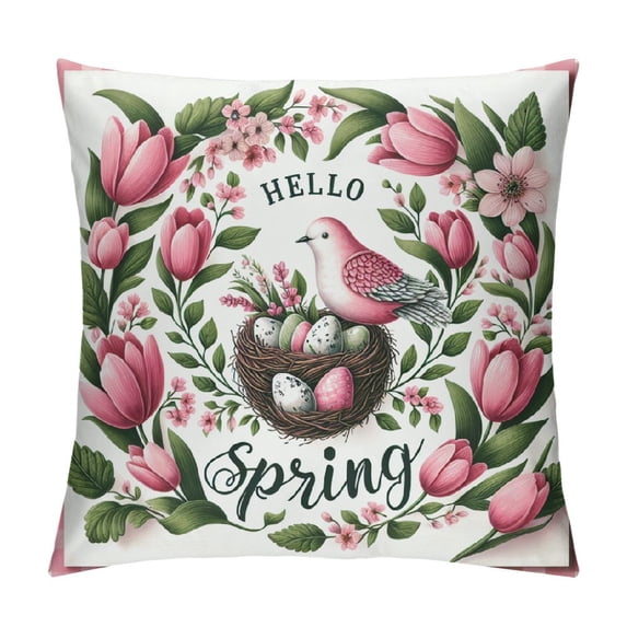 COMIO Hello Spring Pillow Cover- Pink Tulip Floral Wreath Design, Decorative Spring Season Cushion Case for Home Decor White