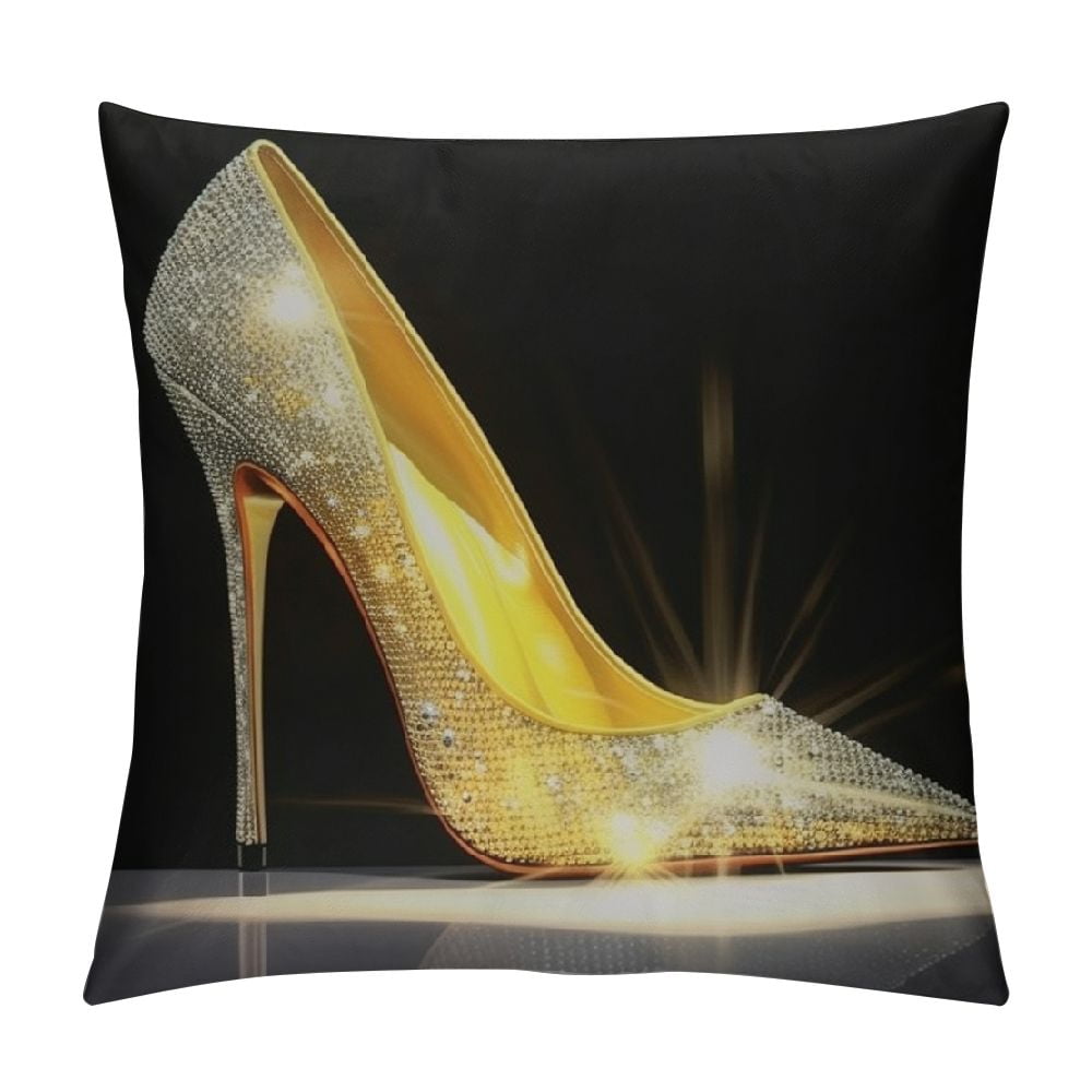 COMIO High Heel Shoe Throw Pillow Covers Golden Glitter Sparkle Gold