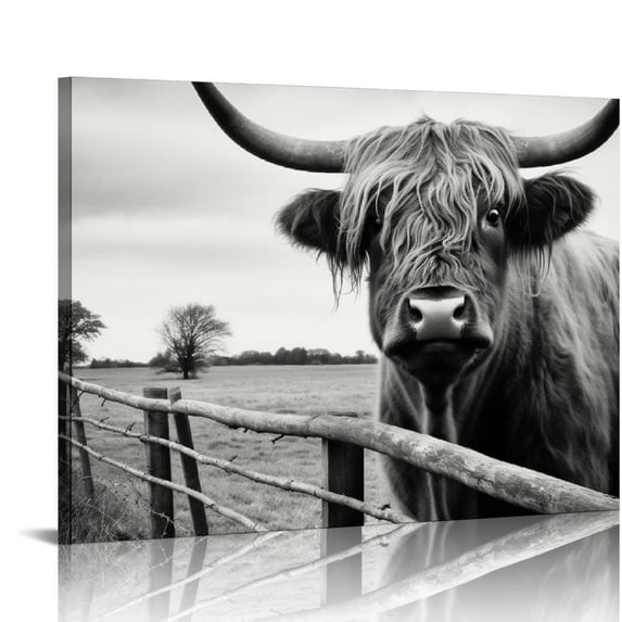 COMIO Highland Cow Canvas Black and White Landscape Pasture Hairy Cow Animal Wall Art Pictures Canvas Wall Art Farmhouse Prints Photo Contemporary Cow Decor Paintings Home Decoration Artwork