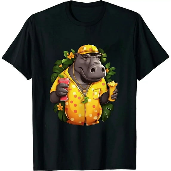 COMIO Hippo in Hawaiian Outfit and Shades Funny Vacation T-Shirt