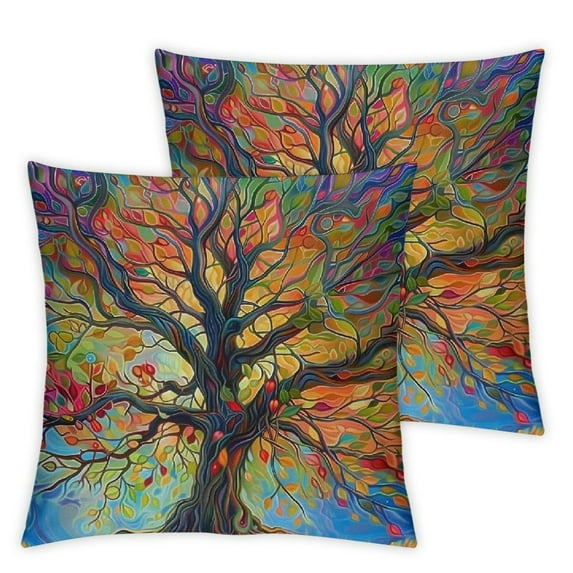 COMIO  Hippy Pattern Square Throw Pillow Covers 2 Packs, Hippie Colorful Tree Decorative Couch Pillowcase Double Side Print Throws Cushion Cover for Bed Sofa