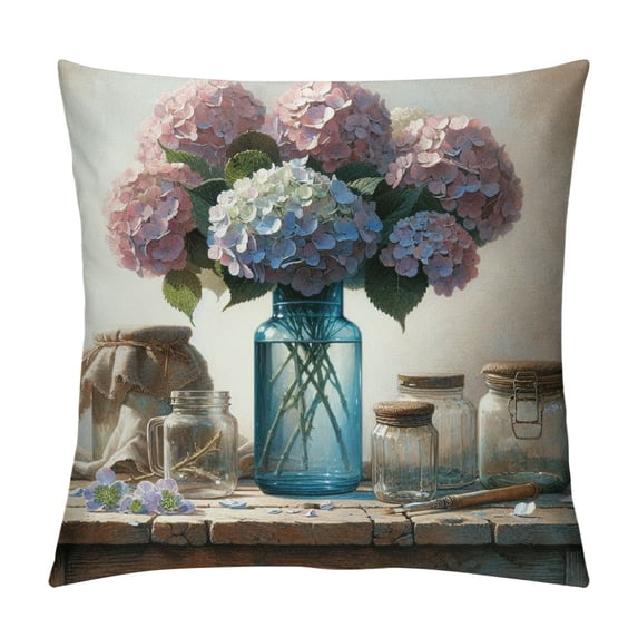 COMIO Hopyeer Rustic Romantic Outdoor Floral Decor Throw Pillow Covers Hydrangea Flowers Bird Nest Bottle Dragonflies Butterflies Pillowcase Home Sofa Cushion Cover White