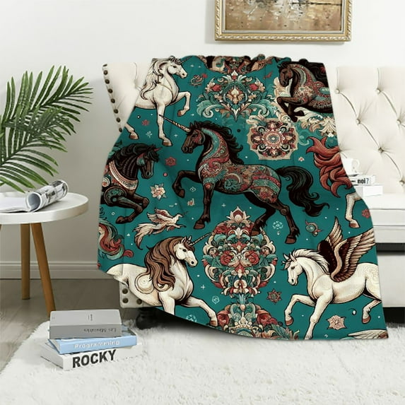 COMIO Horse Blanket Horse Gifts for Women, Soft Horse Blanket for Women Men, Cozy Lightweight Flowers Quilt Throw Bedding for Adults Couch Bed Chair Horse Bedroom Decor