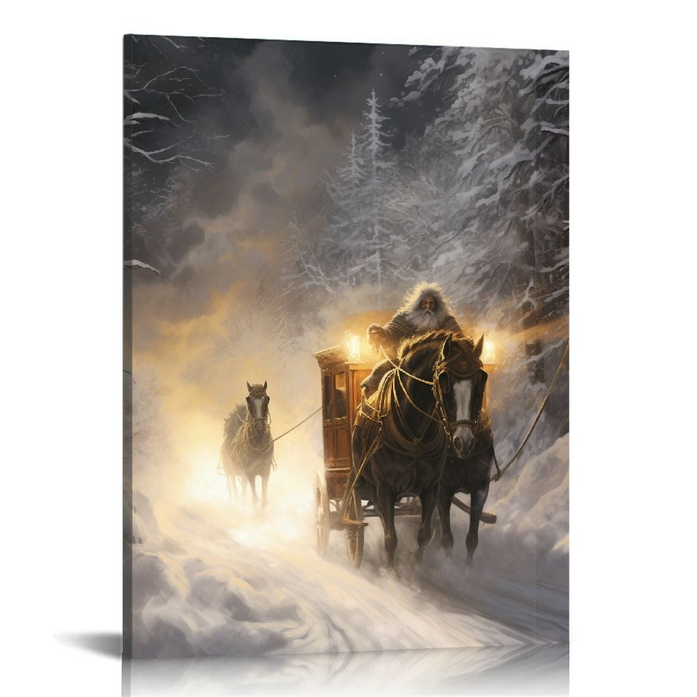 COMIO Horse Drawn Sleigh Canvas Print Snowy Winter Scene Light Up Wall ...