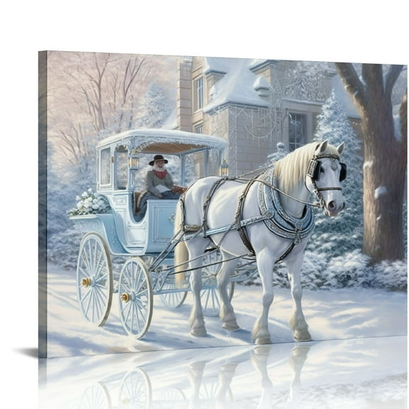 COMIO Horse Drawn Sleigh Canvas Print Snowy Winter Scene Light Up Wall Art with Cardinals, Horse Prints Canvas, christmas wall art, Animal wall art, Mother's gift, Print