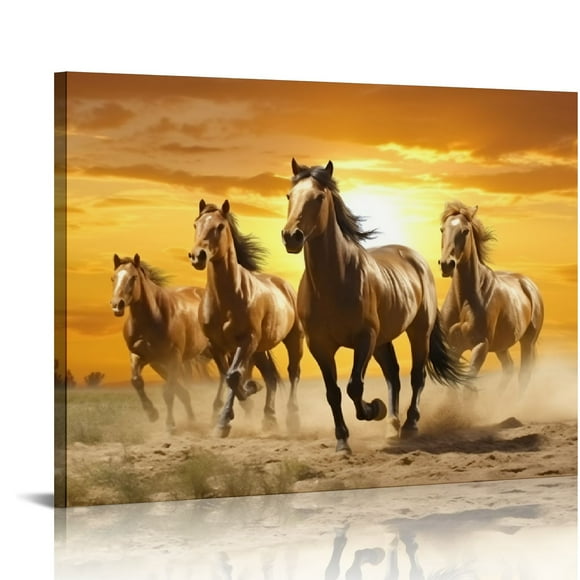 COMIO Horse Pictures Painting Canvas Wall Art Decor for Bedroom, Rustic Tan Horses Prints of Wild Western Steed Running in Sunset (Waterproof Artwork,Bracket Fixed Ready to Hang)