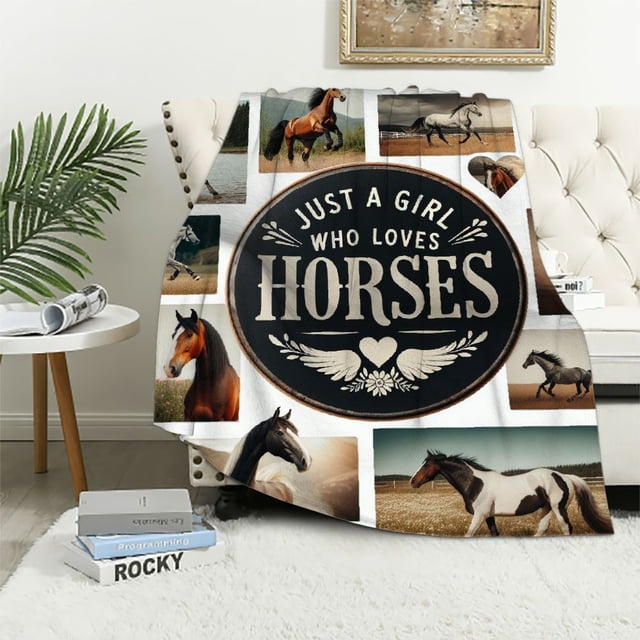 Showman Couture Luxury plush blanket with running horses print. Queen Size 76