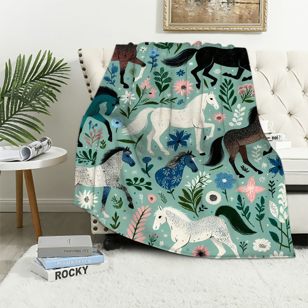 Horse Rose Pattern Print Blanket