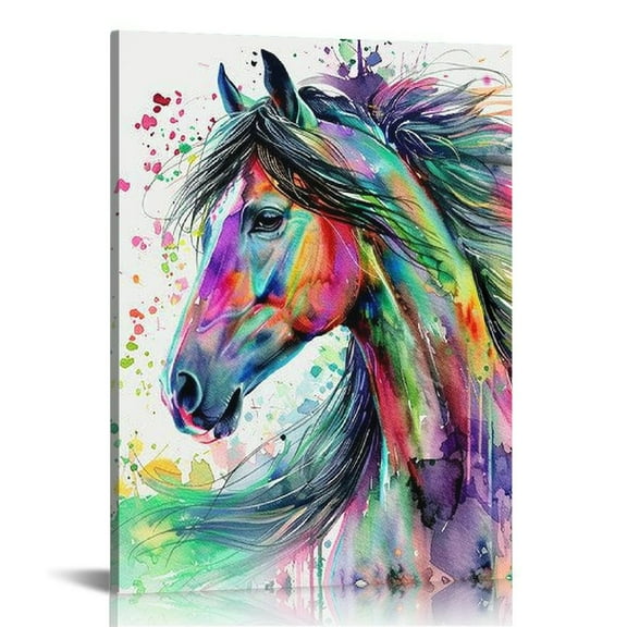 COMIO Horse Watercolor Painting Colorful Rainbow Portrait Canvas Print Decorative Art Wall Décor Artwork Wrapped Wood Stretcher Bars - Ready to Hang