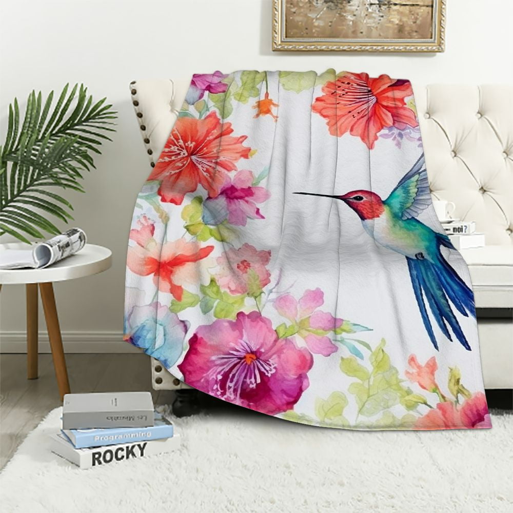 Hummingbird White Floral Drawing Hooded Blanket