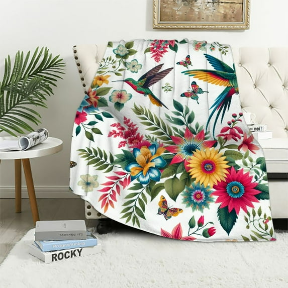 COMIO Hummingbird Throw Blanket Floral Flower Throw Blanket Spring Colorful Throw Blanket Flannel Throw Blanket Gifts for Women Soft Cozy Plush Throw Blanket