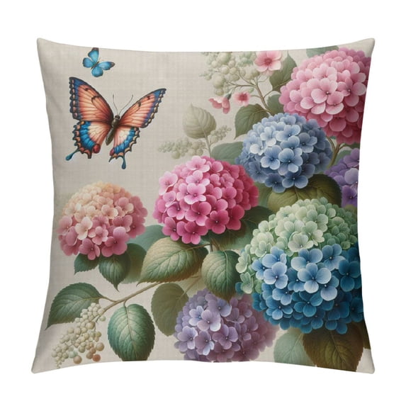 COMIO Hydrangea Flower Pillow Covers Watercolor Floral Bicycle Butterfly Spring Summer Pillows Decorative Throw Pillow Cases Green Leaf Plant Pillowcase for Outdoor Couch Patio White