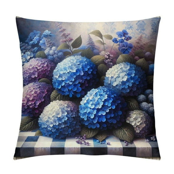 COMIO Hydrangea Gray Buffalo Plaid Summer Throw Pillow Cover, Flower Cushion Case for Sofa Couch White