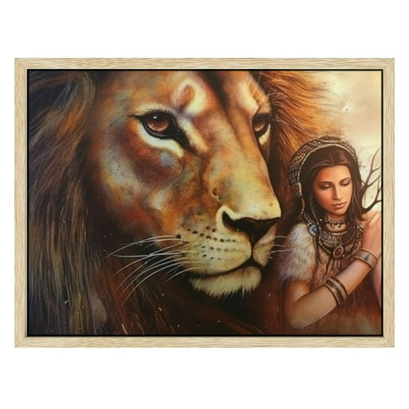 COMIO Indian Woman Lion 16x12in / 20x16in Ready to Hang Wooden Frame Decorative Painting 16x12in
