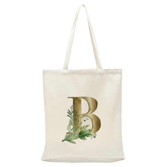 COMIO Initial Canvas Tote Bag with Green Botanic for Women Bridesmaids Teacher Reusable Cosmetic Monogrammed Birthday Gifts