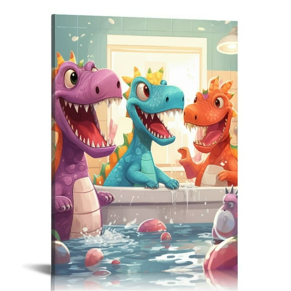 COMIO Interesting Dinosaur Bathroom Wall Art Dinosaur Bathroom Picture Wall Decoration Animal Dinosaurs in Bathtub Canvas Painting and Printing Country Bathroom Logo Art Work Bathtub Bathroom