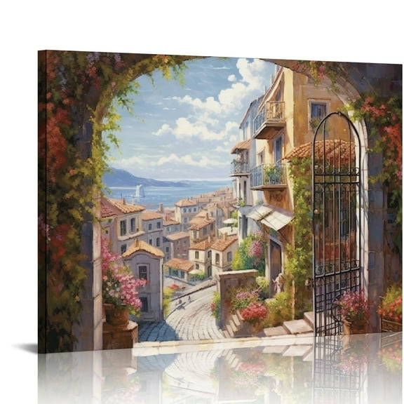 COMIO  Italian Town Canvas Wall Art - Coastal Village Painting Artwork Reproduction Print Decor for Living Room