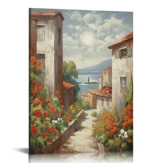 COMIO Italy Town Painting Tuscany Wall Art Streets of Mediterranean Towns Canvas Prints Landscape Picture Framed Ready to Hang Farmhouse Decor