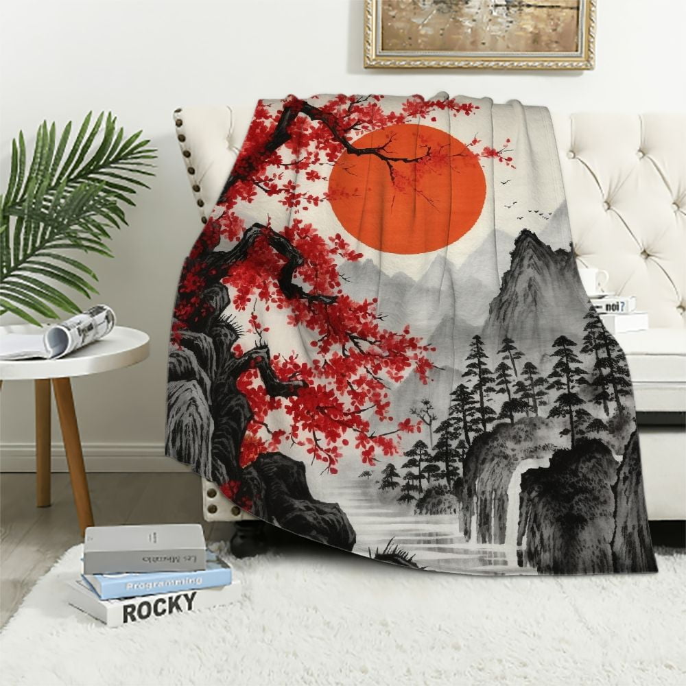COMIO Japanese Cherry Blossom Throw Blankets, Asian Japanese Wave