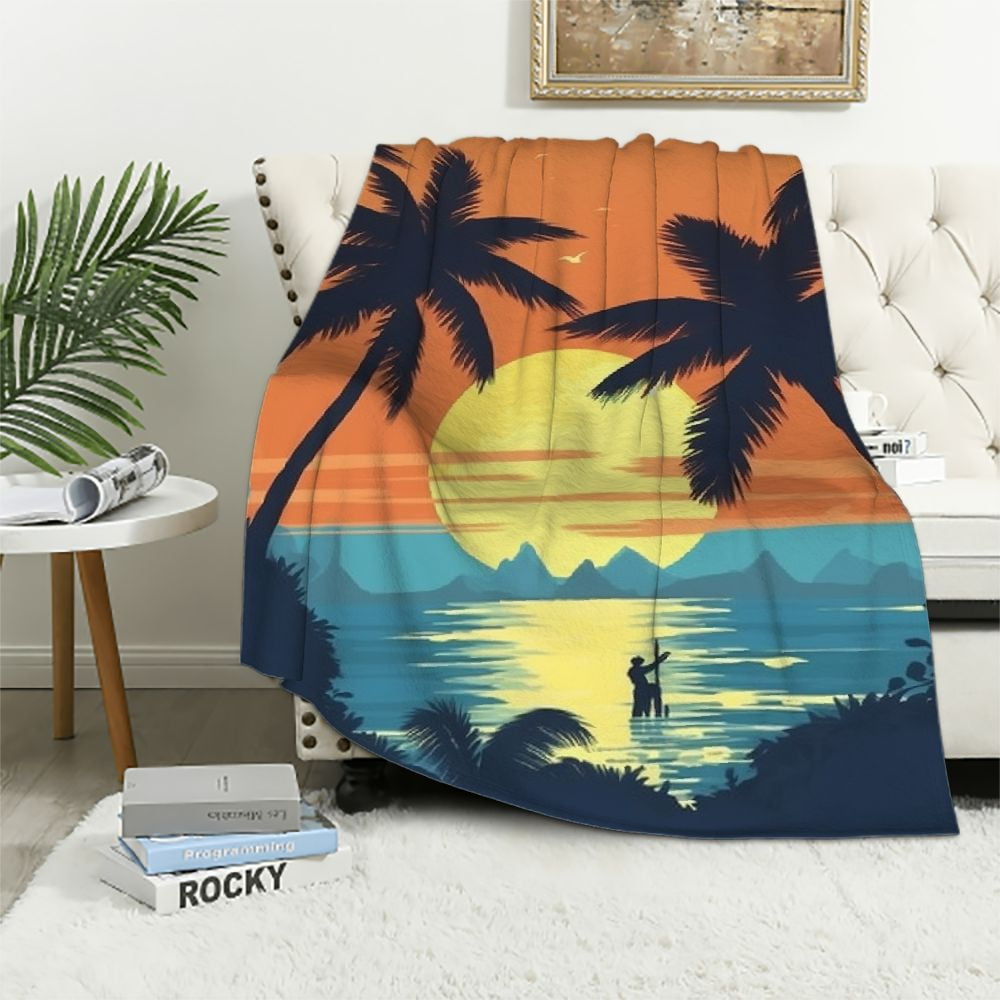 COMIO Japanese Samurai Palm Tree Vaporwave Blanket Flannel Blankets