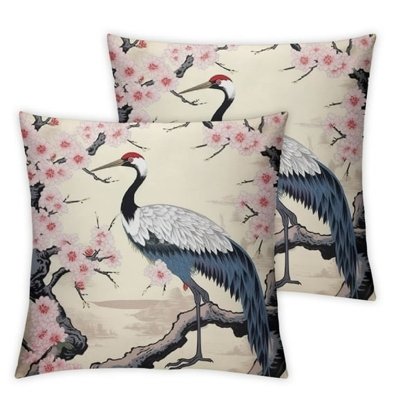 COMIO Japanese Style Throw Pillow Cover, Cherry Blossoms Cushion Case for Home Living Room Decor, Exotic Oriental Red-Crowned Cranes Decorative Throw Cushion Case, 2pc