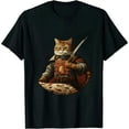 thumbnail image 1 of COMIO Japanese Sunset Samurai Cat Eat Pizza Anime Ninja Kitten T-Shirt, 1 of 3