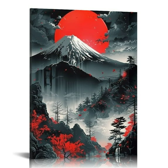 COMIO Japanese Wall Art Prints,Japanese Landscape Art Posters,Red and Black Cherry Blossom Trees Picture Fashion Canvas Art Painting for Living Room Bedroom Wall Decor