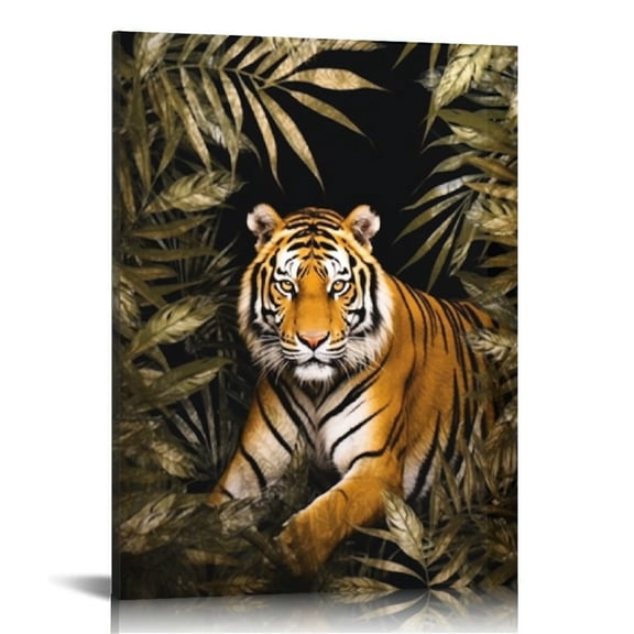 COMIO  Jungle Animal Canvas Wall Art Tiger Lion Leopard with Gold Leaves Painting Pictures African Theme Prints Artwork for Living Room Dressing Room Bathroom Decor Ready to Hang