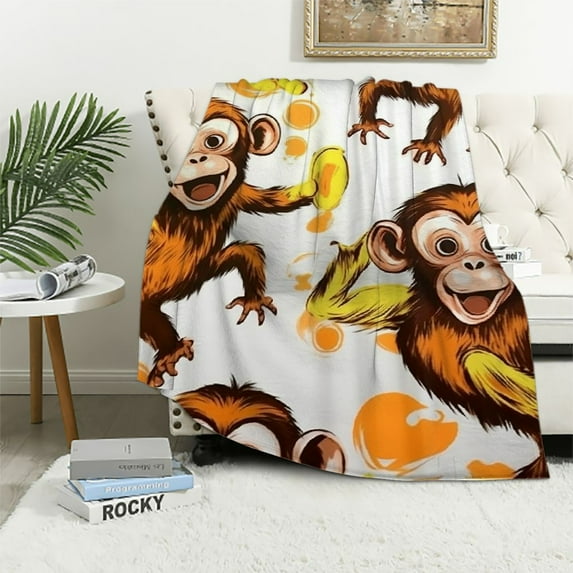 COMIO Kids Cute Monkeys Throw Blanket Cartoon Monkey Banana Decor Sherpa Blanket Boys Girls Wild Animal Pattern Plush Blanket Natural Wildlife Fuzzy Blanket for Sofa Bed Couch,Baby
