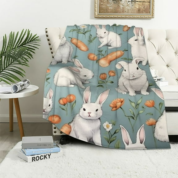 COMIO  Kids Rabbit Blanket Cute Easter Rabbit Carrot Throw Blanket for Boys Girls Kawaii Animal Bunny Blue Blanket Spring Flowers Sherpa Blanket