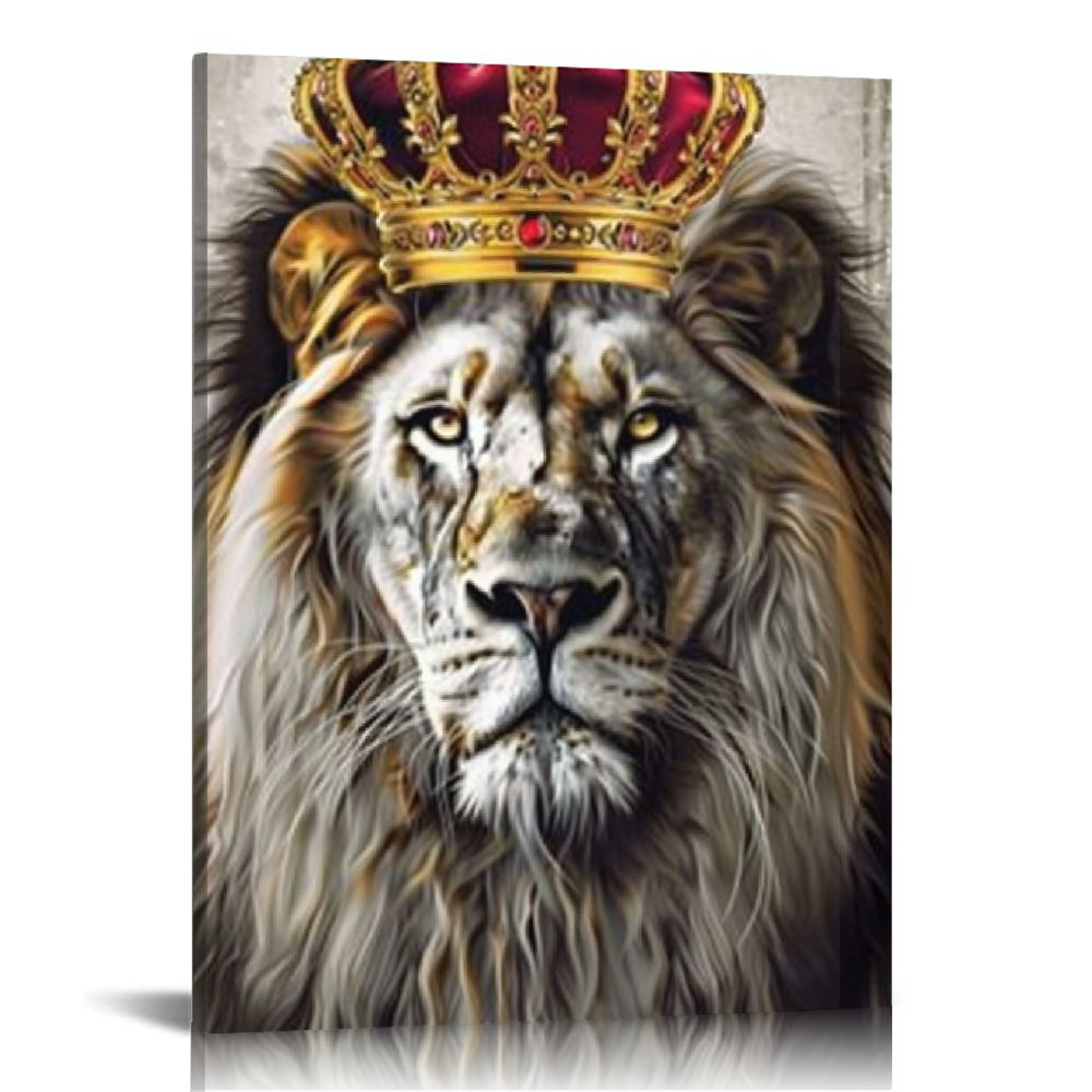 COMIO King Animal Lion and Lioness Canvas Wall Art Lion with Gold Crown