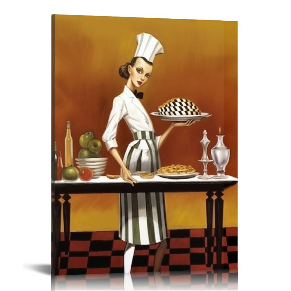 COMIO Kitchen Canvas Wall Art Decor,Nordic Creative Female Chef Posters,Restaurant Artwork Food