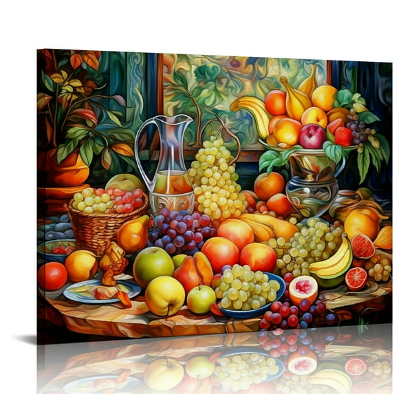 COMIO Kitchen Fruit Canvas Wall Art Vintage Still Life Painting Fruits and Grape Print Picture Rustic Farmhouse Colorful Framed Food Art for Dining Room Home Decor