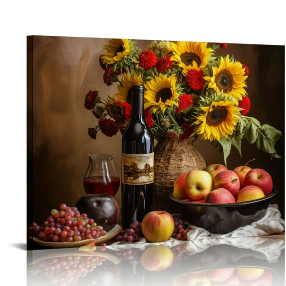 COMIO Kitchen Wall Art Wine Pictures Wall Decor Large Canvas Wall Art for  Room Dining Room Brown Vintage Home Decor Neutral Red Wine Bottles Artwork for Walls Sunflower Paintings for Wall Decorations