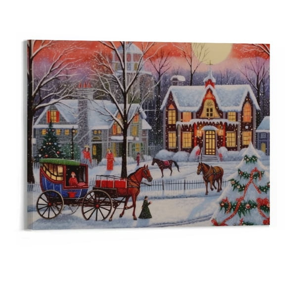 COMIO LED Lighted Fiber Optic Snowy Christmas Village Canvas Wall Art - 20x16 Inch