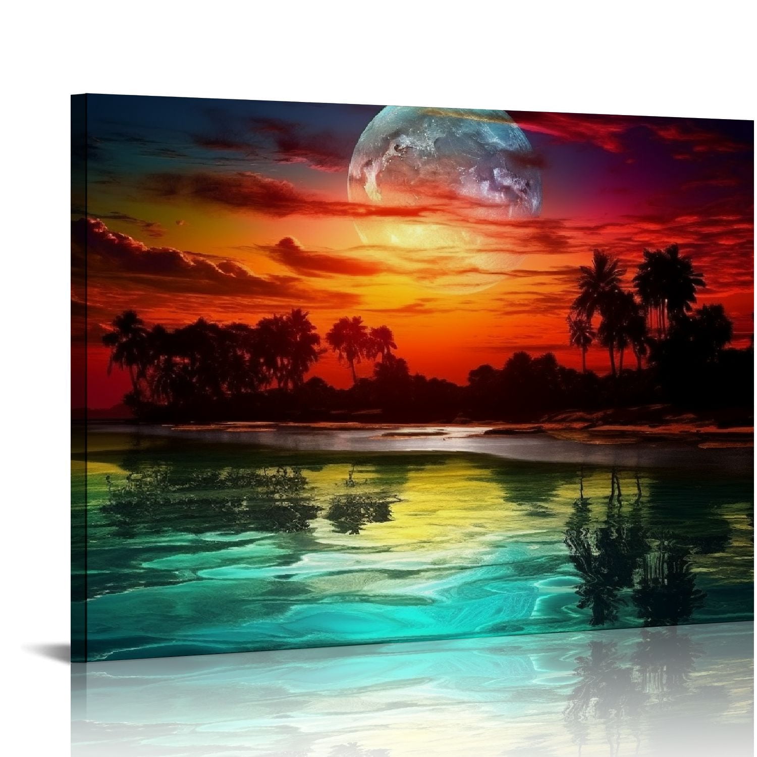 COMIO Landscape Canvas Wall Art Teal Seascape Night Moon Ocean Sky Tree ...