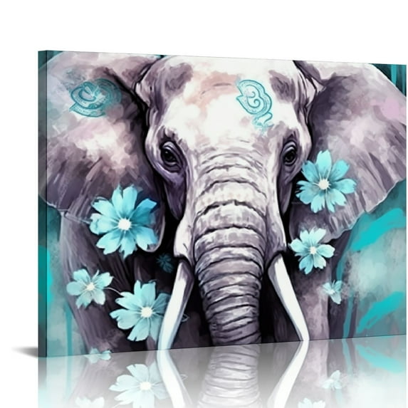 COMIO Large Animal Canvas Wall Art Elephant Couple in Love Boho Decor Mandala Elephant Grey and Teal Artwork for Bedroom Modern Home Decor Stretched and Framed Ready to Hang