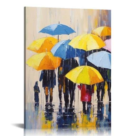 COMIO Large Canvas Print Wall Art- 12x16 Colorful Umbrella Office Worker Walking in the Rain Canvas Oil Painting Picture Artworks Modern Landscape for Home Wall Decor Ready to Hang