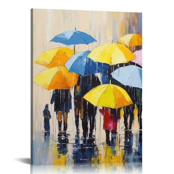 COMIO Large Canvas Print Wall Art- 12x16 Colorful Umbrella Office Worker Walking in the Rain Canvas Oil Painting Picture Artworks Modern Landscape for Home Wall Decor Ready to Hang