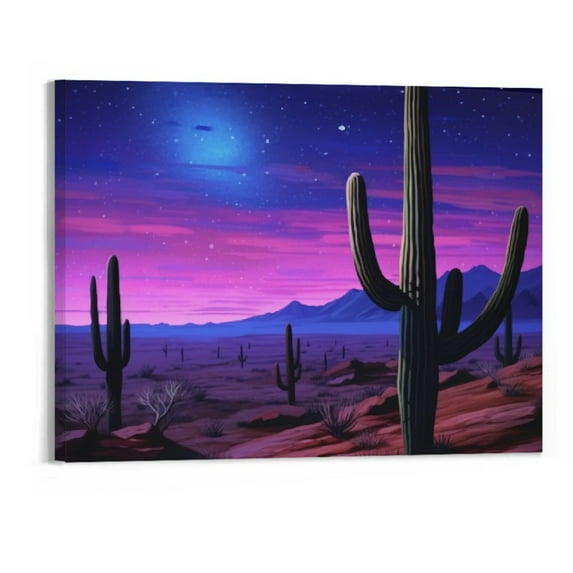 COMIO Large Saguaros Landscape Canvas Wall Art Saguaro Cactus Plant Arizona Sonoran Desert Night Artwork Gallery Wrap Ready to Hang for Modern Home Office Wall Decor - 20x16 Inch