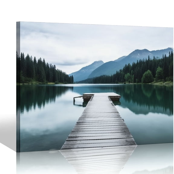 CANFLASHION Large Summer Painting on Canvas Wall Art Forest Lake Dock Mountains Landscape Pictures for Bedroom Wall Decoration Home Decor Birthday Gifts Set Framed 20x16 inch