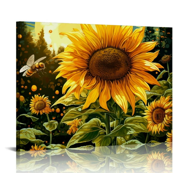 COMIO Large Vintage Sunflower Canvas Wall Art Yellow Flower Still Life Rustic Brown Home Kitchen Wall Decorations Stretched and Framed Ready to Hang