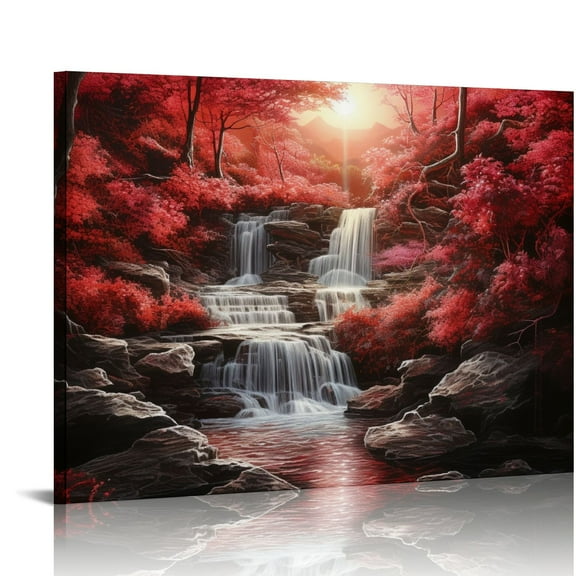 COMIO Lasdel Natural Extra Framed Canvas Wall Art of Wide Waterfall & Red Leaves Picture For Bedroom,Burgundy Nature Black White Artwork Decor,Beautiful Maple Leaves Landscape Print Painting