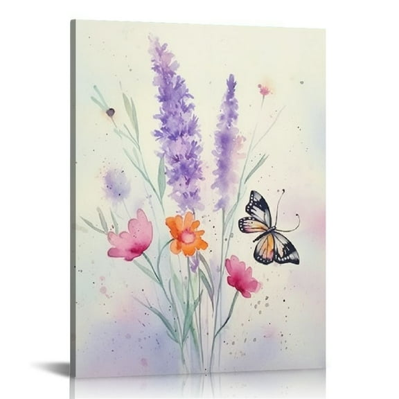 COMIO  Lavender Canvas Wall Art Butterfly with Purple Flower Artwork Elegant Paintings for Living Room Bedroom Bathroom Wall Decor,Stretched and Framed Ready to Hang,