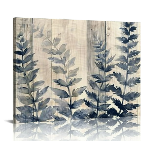 COMIO  Leaf Wall Art Canvas Prints Rustic Wood Texture Style Background Tropical Plant Picture Navy Blue Leaf Artwork for Walls Bathroom Wall Decor Framed Minimalist Water Color Set