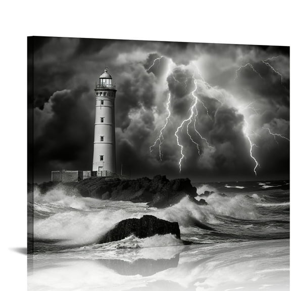 COMIO  Lighthouse Wall Art Canvas black & white Ocean Wave Seascape Beach Landscape Painting Nautical Storm Canvas Prints Modern Framed Artwork for Living Room Home Office Wall Decorations