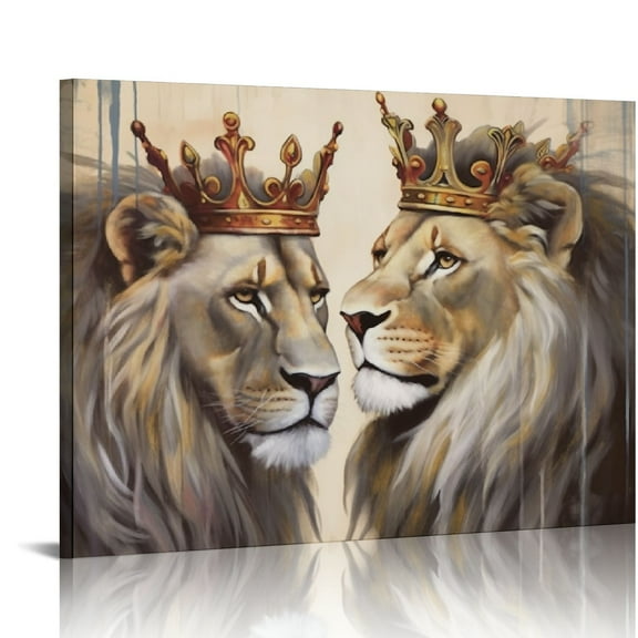 COMIO Lion King Queen with Crown Canvas Wall Art African Wild Animals Canvas Prints Pictures Golden Painting Modern Giclee Framed Artwork for Bedroom