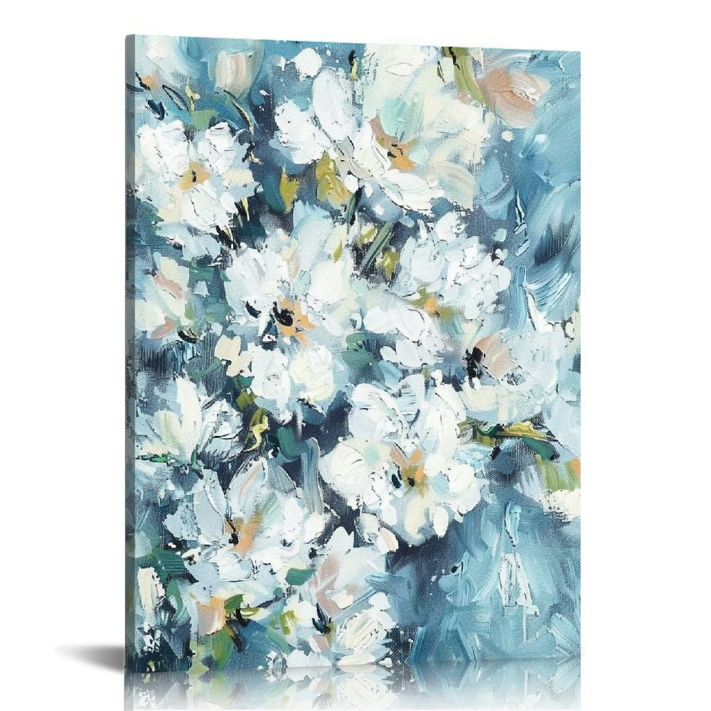 COMIO Living Room Decor Wall Art Abstract Flowers Painting Navy Blue and Gray Floral Picture for